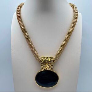 Vintage Gold Mesh Collar Necklace with Black Oval Pendant